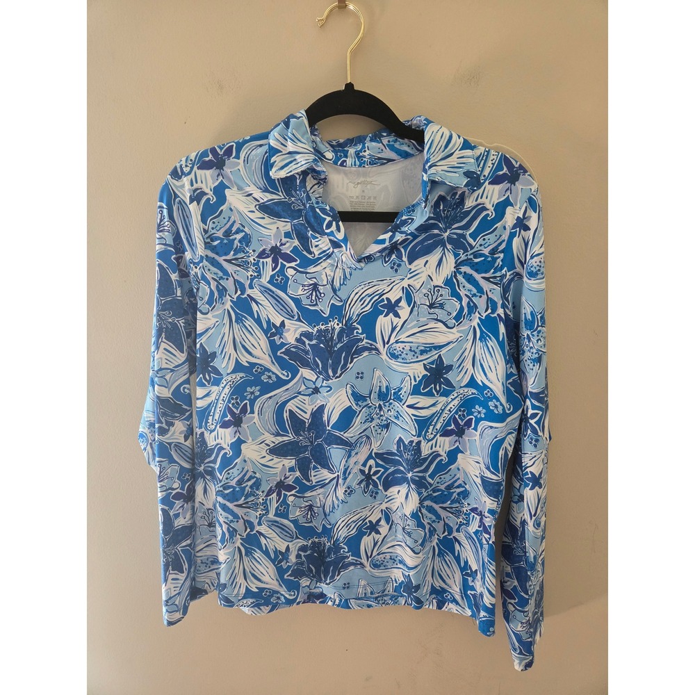 Gottex Womens Blue White Floral Lily Long Sleeve Sun Shirt V-Neck Top Medium